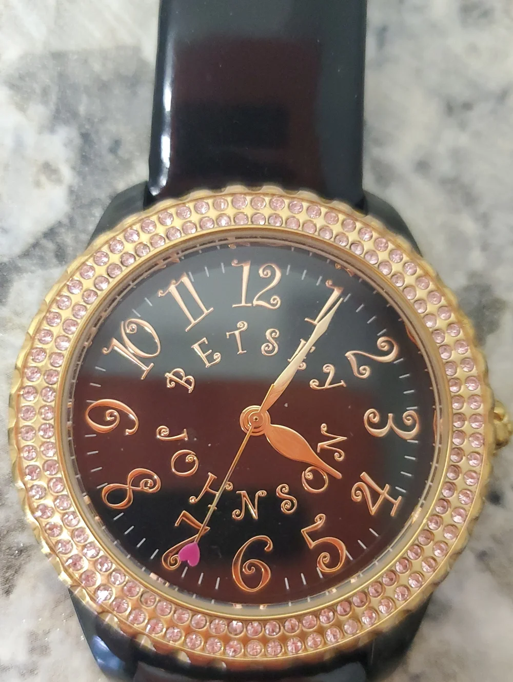 BETSEY JOHNSON Women’s Black and Gold Crystal Accent Watch With Leather Band